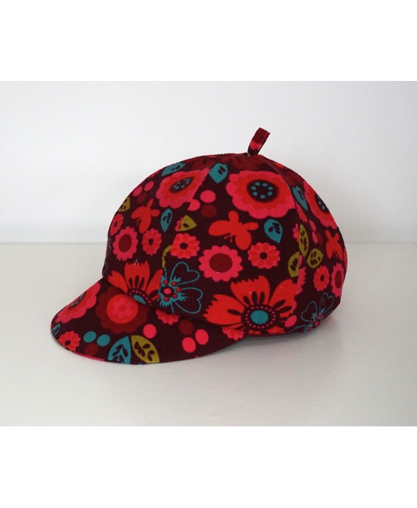 Girls 2-3 years Red-Pink-Blue Cord Hat/Baret Flowers Handmade UK Christmas Gift