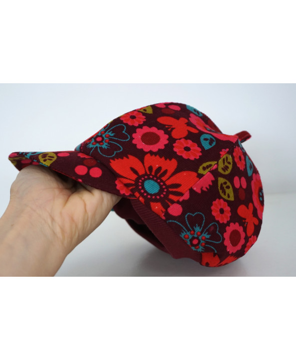 Girls 2-3 years Red-Pink-Blue Cord Hat/Baret Flowers Handmade UK Christmas Gift
