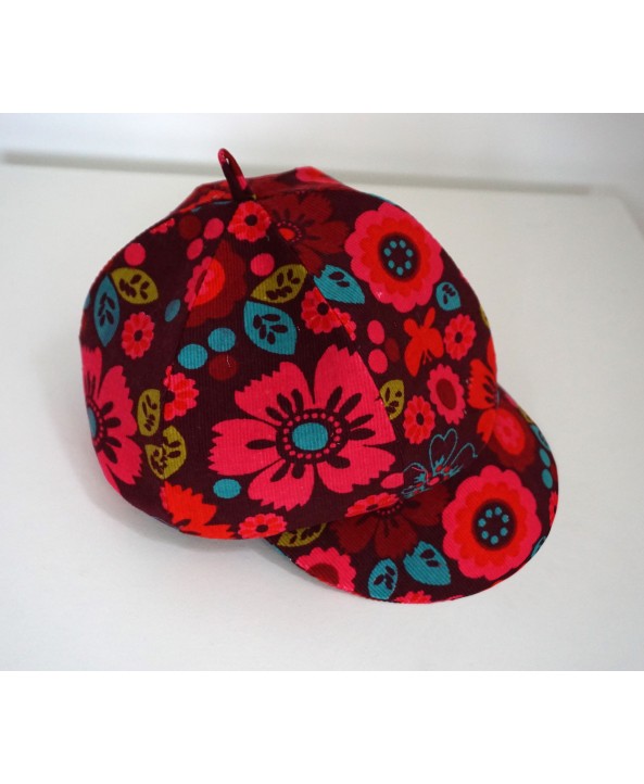 Girls 2-3 years Red-Pink-Blue Cord Hat/Baret Flowers Handmade UK Christmas Gift