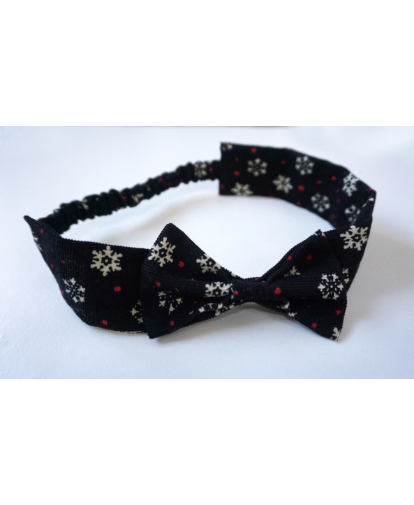 Girls 2-4 years Bow Headband Retro Corduroy Black Red White Snowflakes, Christmas, Handmade in UK