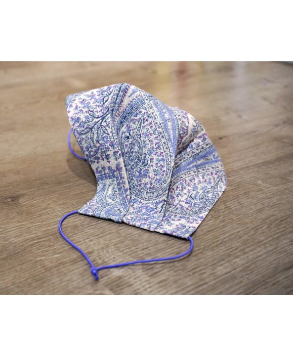 Pure Linen Paisley Design Print Face Mask Single Layer, Grey Blue Purple Handmade in Uk