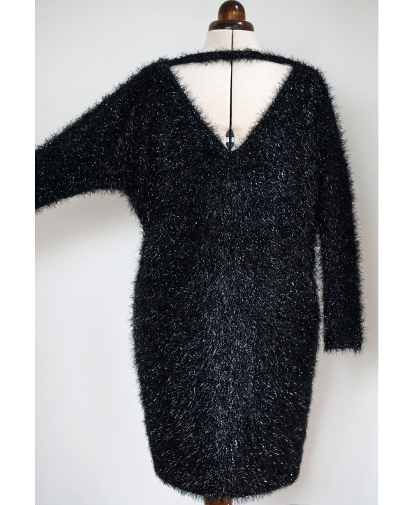 Dolman Sleeve Fancy Knit Blouson Dress Shiny Black Size M