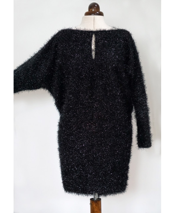 Dolman Sleeve Fancy Knit Blouson Dress Shiny Black Size M