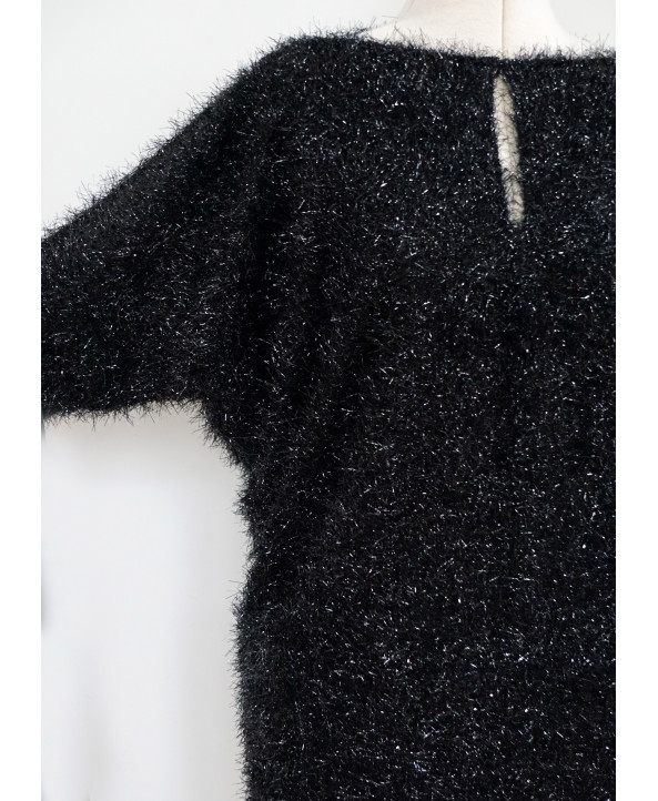 Dolman Sleeve Fancy Knit Blouson Dress Shiny Black Size M