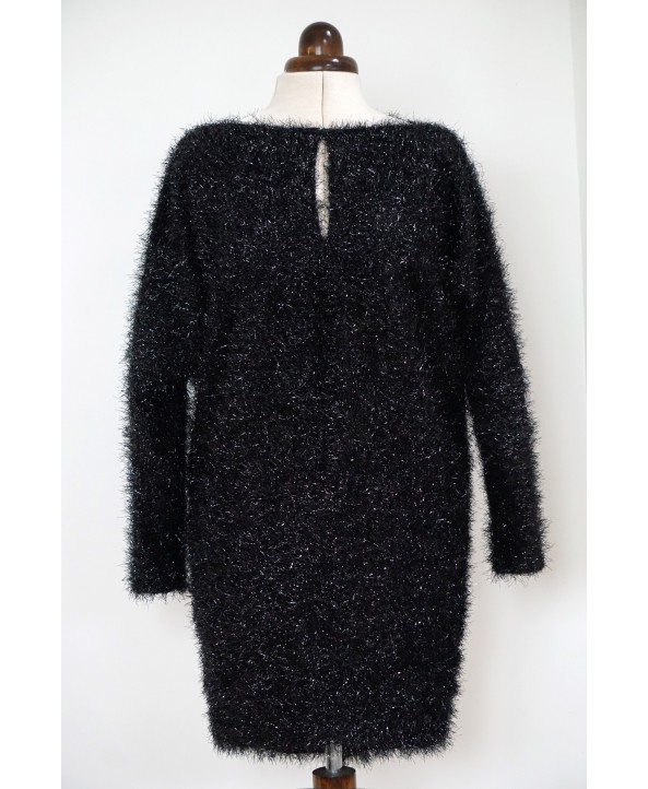 Dolman Sleeve Fancy Knit Blouson Dress Shiny Black Size M